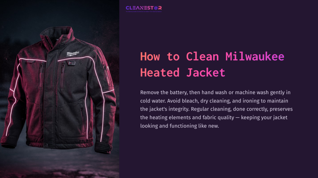 1 How To Clean Milwaukee Heated Jacket Milwaukee Heated Jacket Displayed Against A Dark Background, Featuring A Sleek Black Design With Pink Accents And Text On Cleaning Instructions.