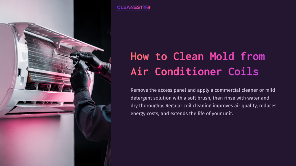 A Person Cleaning Air Conditioner Coils With A Brush, Using A Commercial Cleaner, Set Against A Dark Purple Background.