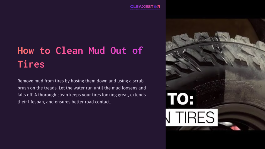 Close-Up Of A Mud-Covered Tire With Visible Tread Detail On The Right And A Purple Background On The Left With Instructional Text.