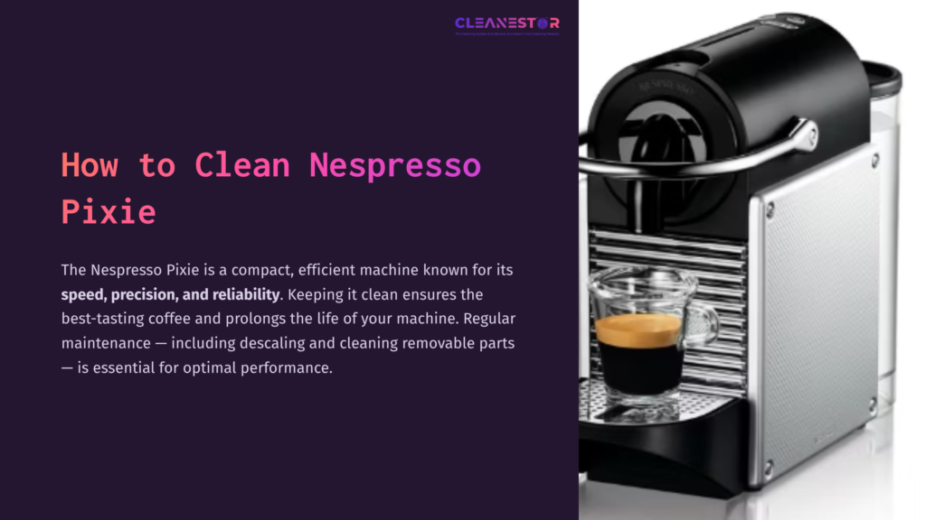 Nespresso Pixie Coffee Machine In Black With A Cup Of Espresso On A Stainless Steel Drip Tray, Set Against A Purple Background.