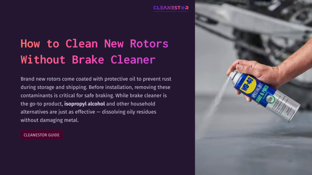 A Person Spraying A Can Of Cleaner Onto A Brake Rotor, Showcasing Gray Metal With A Protective Oil Coating, Set Against A Blurred Background.