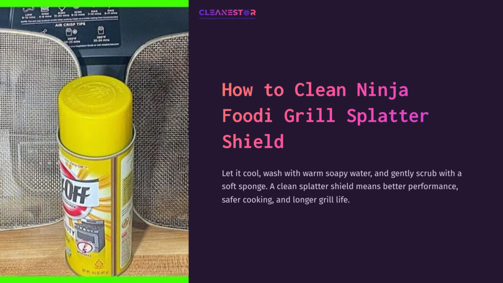 A Yellow Can Of Cleaning Spray Next To A Metallic Splatter Shield On A Countertop, With A Dark Background And Bright Green Accents.