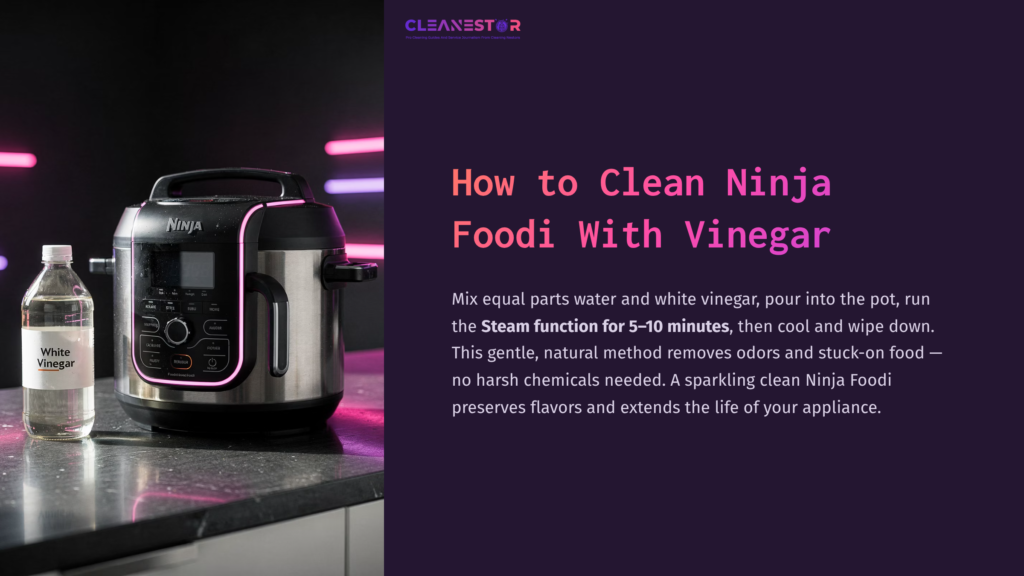 Ninja Foodi Cooker With A Clear Bottle Of White Vinegar Beside It, Set Against A Dark Background With Colorful Lighting.