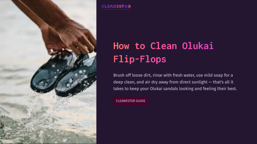 A Pair Of Dark Flip-Flops Splashes In Water, Accompanied By Cleaning Tips In Bold Text On A Purple Background.