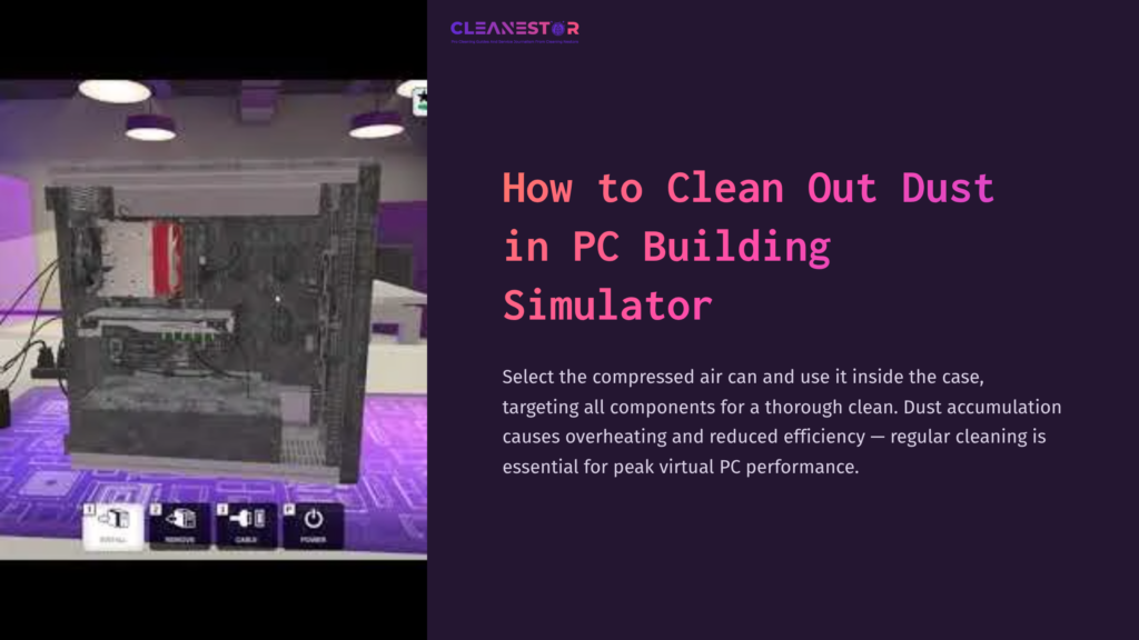 A Digital Screenshot Showing A Computer Case With Visible Components, Highlighting Dust Removal Techniques Within A Virtual Setup.