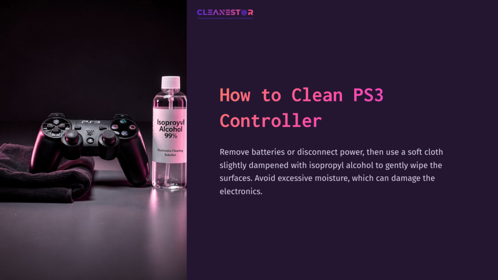 A Black Ps3 Controller Beside A Bottle Of Isopropyl Alcohol On A Purple Background, With Cleaning Instructions In White Text.