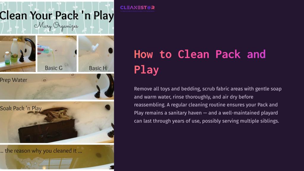 Collage Showing Steps To Clean A Pack 'N Play: A Bathtub Filled With Soapy Water, Bedding, And Scrub Brushes On A Pale Background.