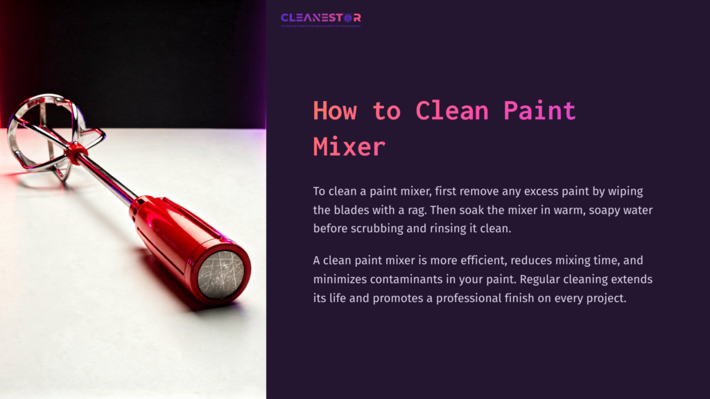 1 How To Clean Paint Mixer Red Paint Mixer On A Purple And White Gradient Background, Alongside Cleaning Instructions For Optimal Maintenance And Performance.