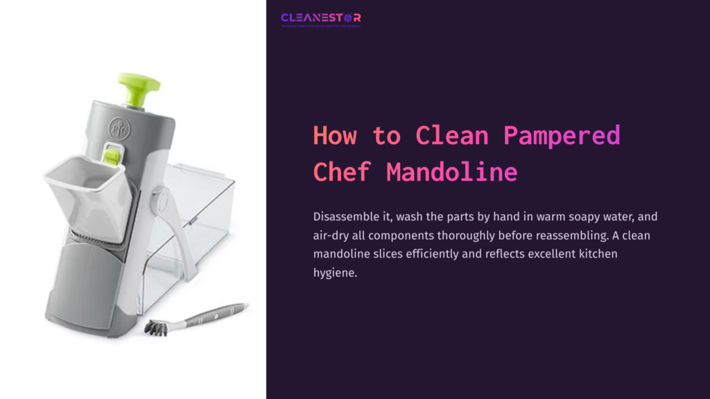 Gray And Green Pampered Chef Mandoline Slicer With A Container; Instructions On Cleaning Displayed In Bold Pink And White Text.
