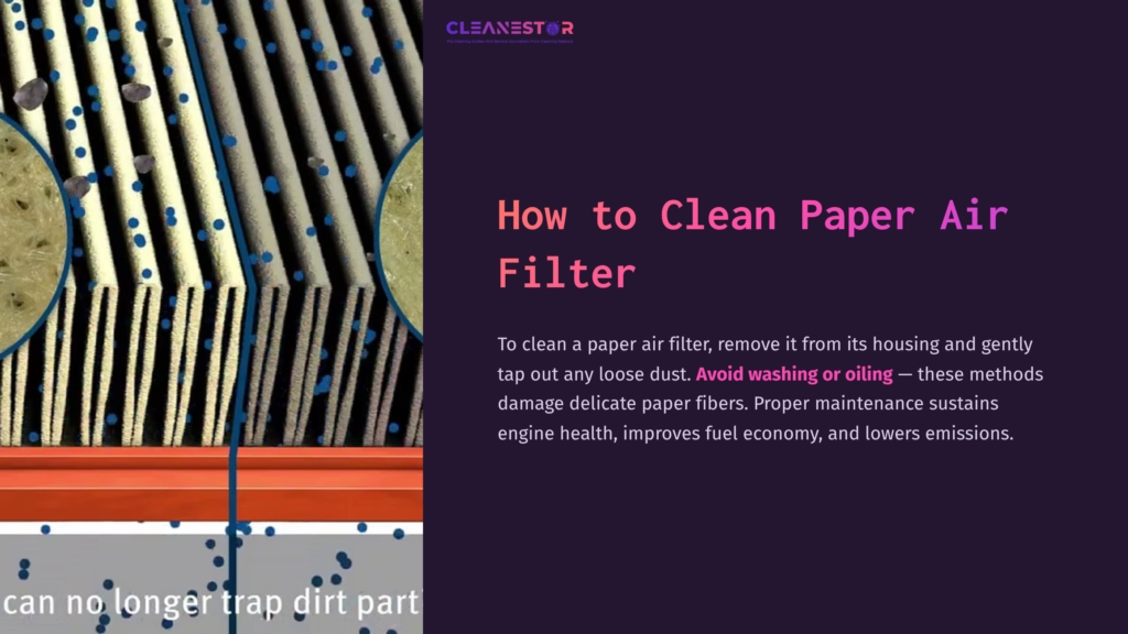 Paper Air Filter With Visible Pleats, Displaying Blue Dust Particles, Alongside Text Instructions On Cleaning Methods And Maintenance Tips.