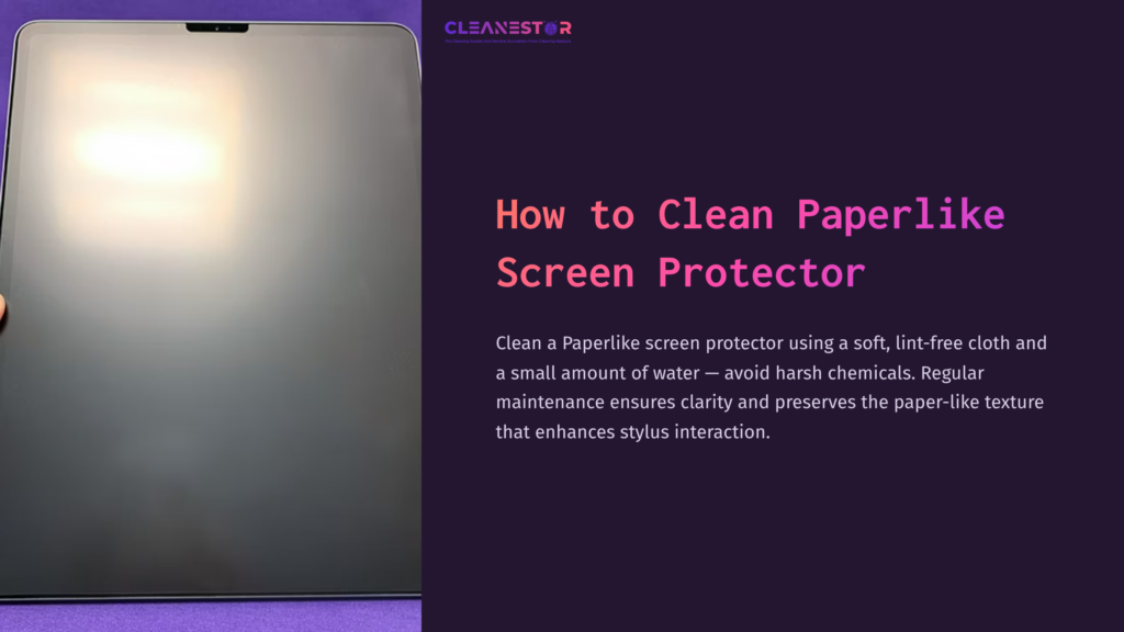 A Sleek Tablet Screen With A Soft Cloth Beside It, Set Against A Purple Background, Illustrating Screen Cleaning Tips.