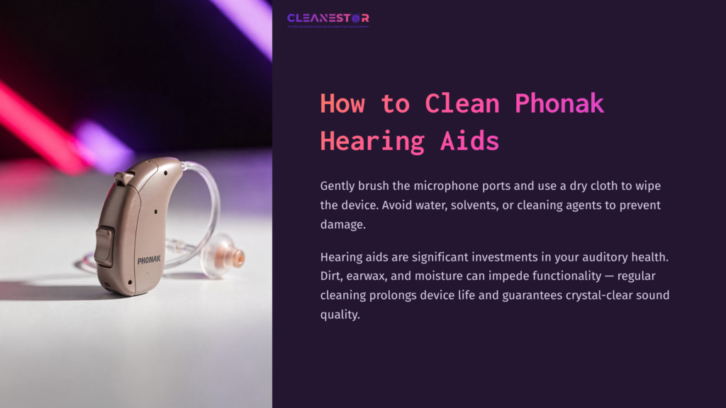 Phonak Hearing Aid In A Soft Gold Tone On A Gradient Background, Alongside Text About Cleaning And Maintenance Tips.