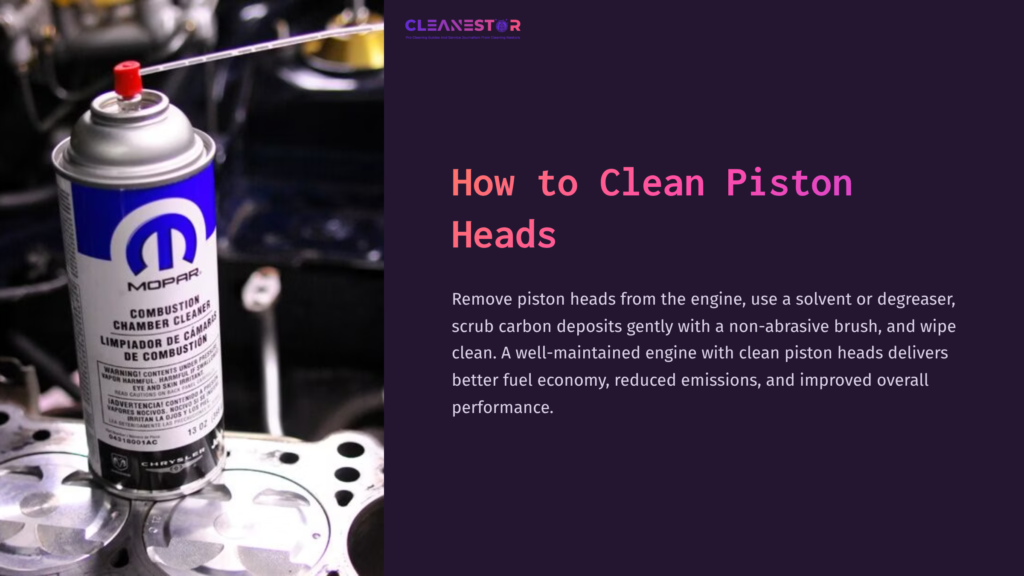 Spray Can For Cleaning Piston Heads Beside A Silver Engine Part, With Purple Background And White Text Outlining The Cleaning Process.
