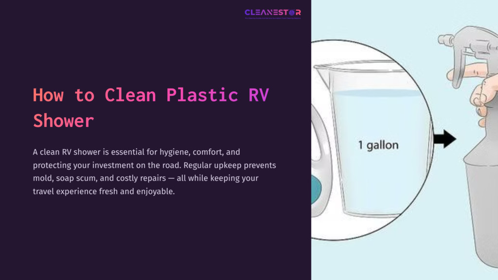 Graphic Featuring A Clear, Labeled Container Showing A Gallon Of Liquid, With A Purple Background And Text On Cleaning Rv Showers.