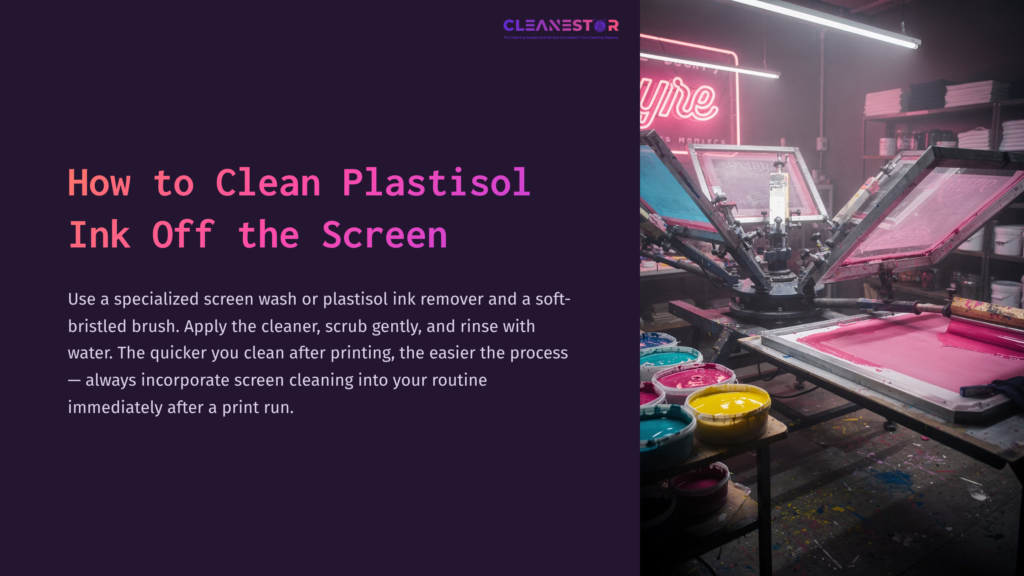 1 How To Clean Plastisol Ink Off The Screen A Dimly Lit Workspace Featuring A Screen Printing Setup With Vibrant Pink And Blue Inks, Tools, And A Glowing Neon Sign In The Background.