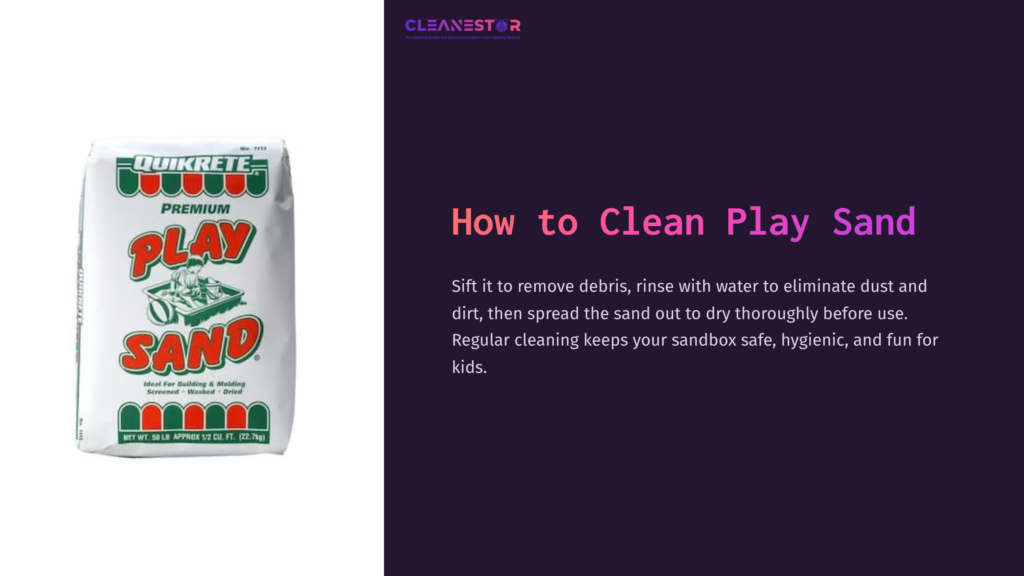 White Bag Of Play Sand With Green And Red Graphics, Placed On A Dark Purple Background; Instructions For Cleaning Sand Above.