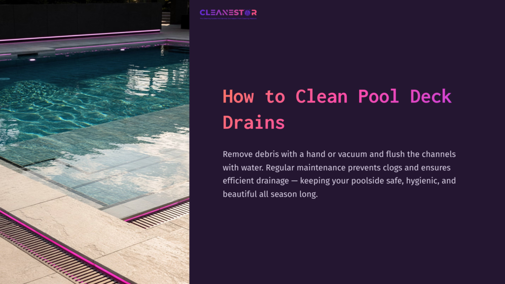 A Poolside Scene Featuring A Clear Blue Pool, Beige Tiles, And A Drain Channel With Purple Lighting Beside It.