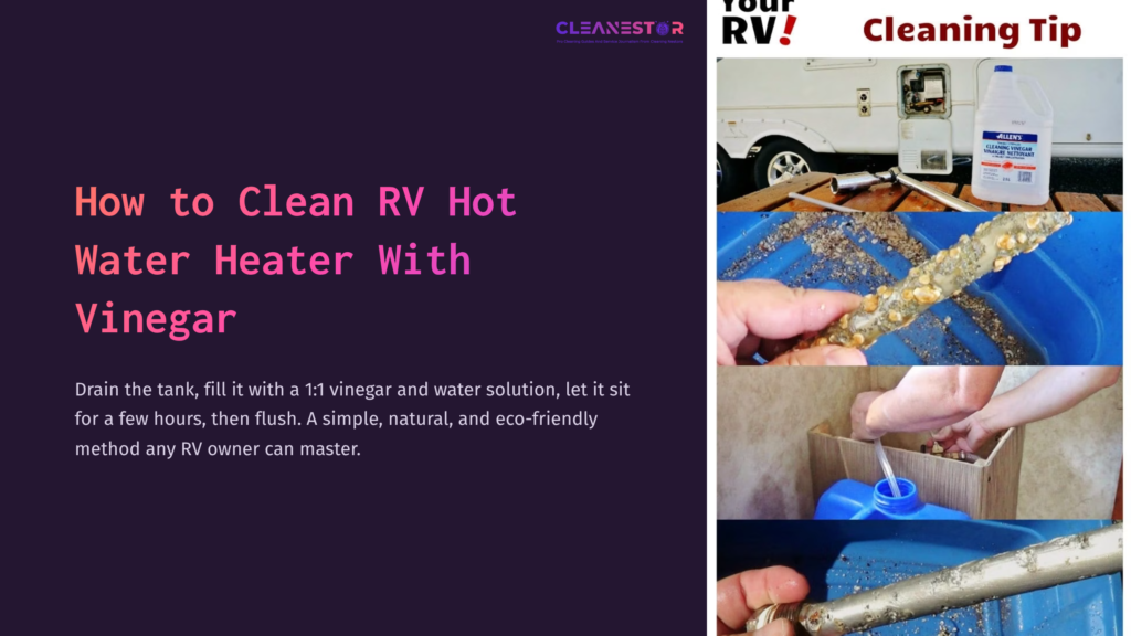 A Person Holding A Corroded Rv Hot Water Heater Component, With Vinegar And Cleaning Tools On A Blue Cloth, And An Rv Outside.