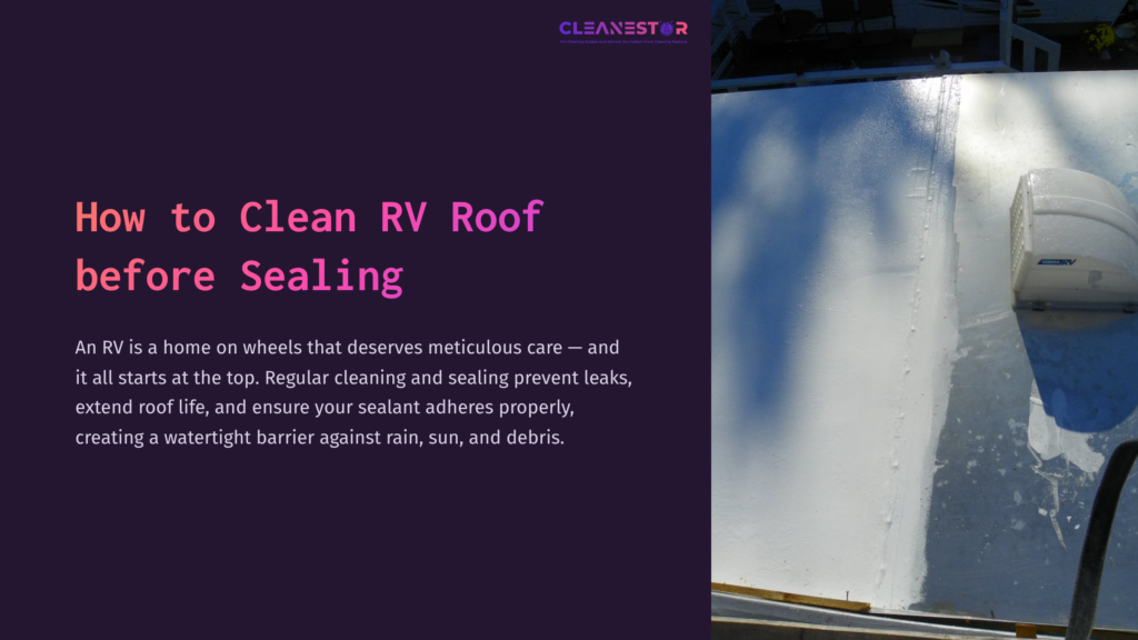 A Partially Cleaned Rv Roof With Water And Cleaning Solution, Showcasing Its Uneven Surface And The Bright Sunlight Above.