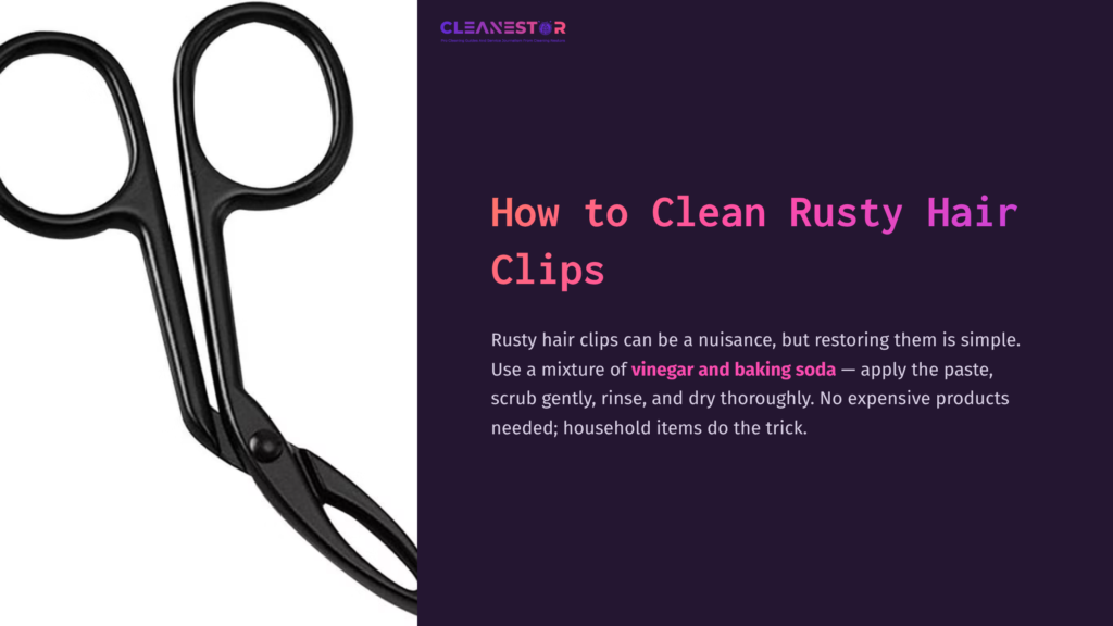 A Pair Of Black Hair Clips Positioned Alongside Cleaning Instructions Featuring Text In Purple And Black On A White Background.