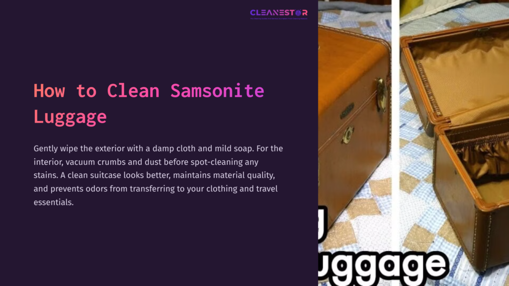 A Brown Samsonite Suitcase Is Shown Open, Revealing Its Interior, Next To A Damp Cloth And Soap On A Patterned Surface.