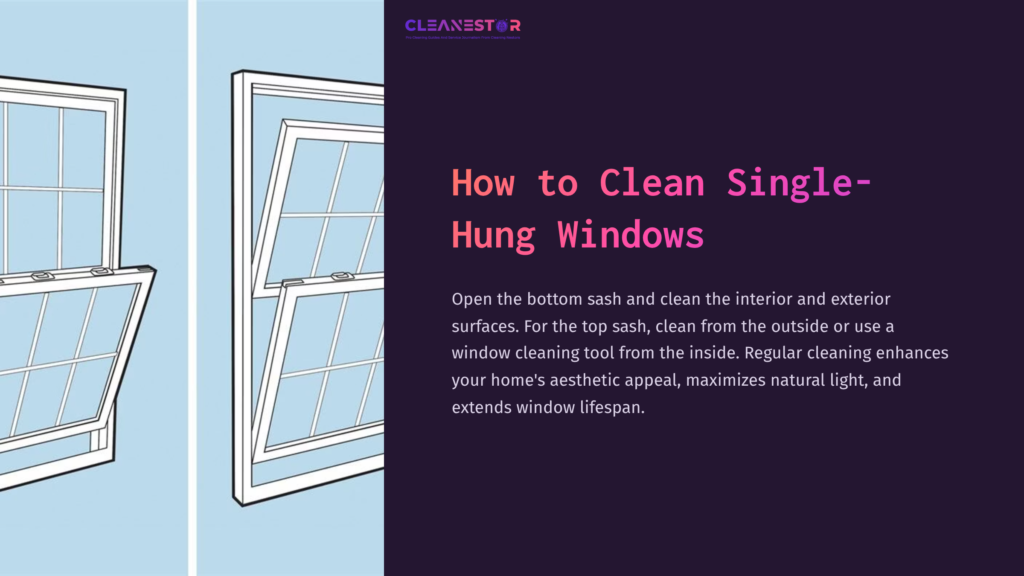 Illustration Of A Single-Hung Window, Showcasing A Clean White Frame And A Blue Background, With Cleaning Tool Beside It.