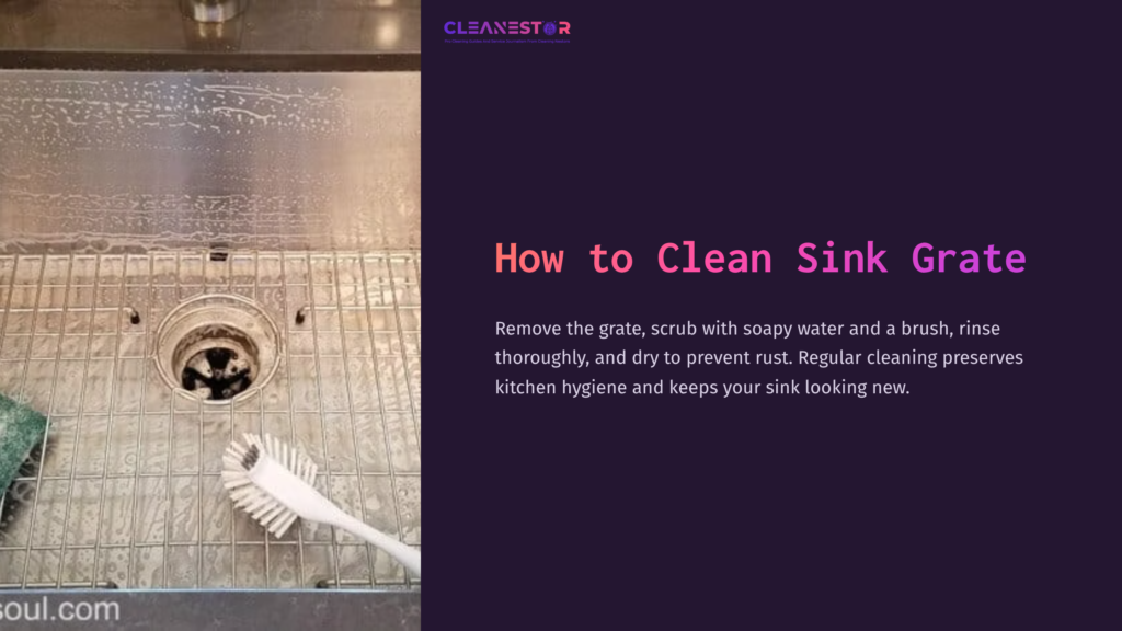A Stainless Steel Sink Grate With A Brush And Soapy Water Nearby, Showcasing Clean Tools For Maintaining Sink Hygiene.