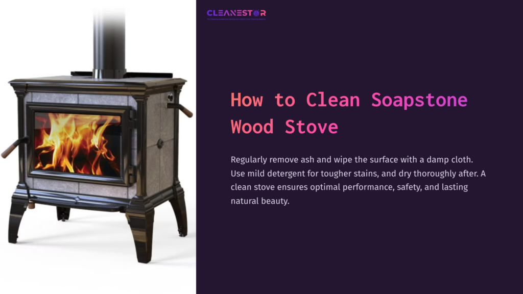 Soapstone Wood Stove With A Glowing Fire, Featuring A Sleek Black Finish And Ornate Detailing, Positioned Next To Maintenance Tips.