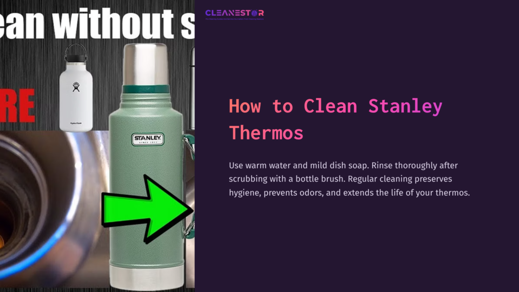 Light Green Stanley Thermos Next To A Stainless Steel Cleaning Brush, With A Bold Arrow Pointing Towards The Thermos On A Dark Background.