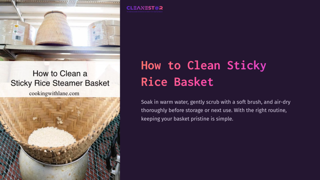 Woven Bamboo Sticky Rice Basket Filled With Rice, Set Against A Clean, Organized Background With Instructions On Cleaning.