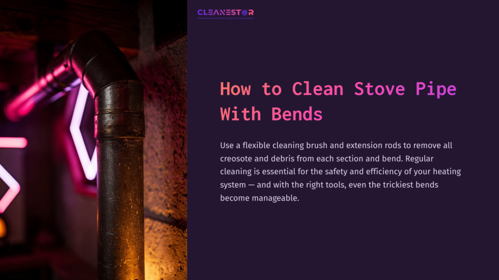 A Close-Up Of A Metallic Stove Pipe With Bends, Set Against A Dark Background With Colorful Neon Lighting. Text Explains Cleaning Methods.