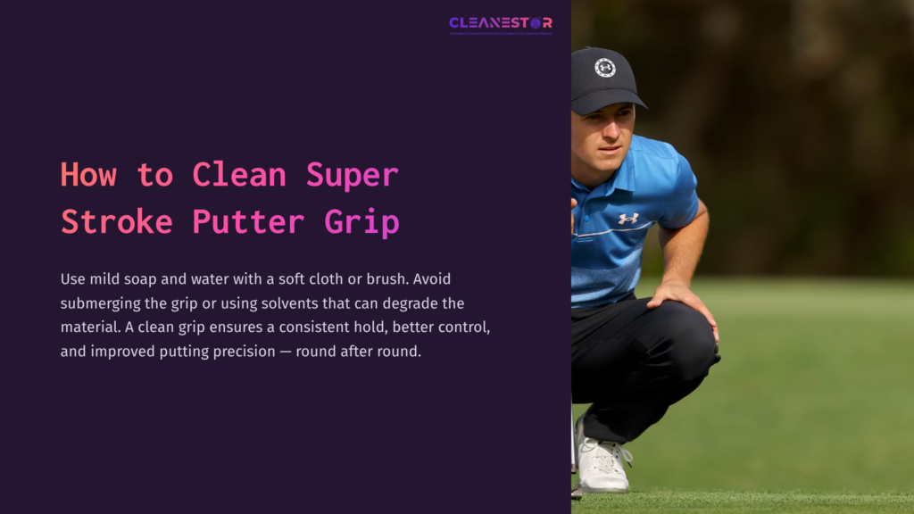 A Golfer Crouches Near The Green, Focused On Cleaning A Putter Grip, With A Blue Shirt And Dark Pants Against A Purple Background.