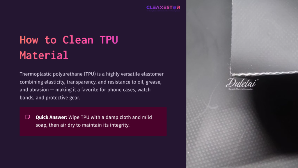 Close-Up Of Textured Tpu Material In Varying Shades Of Gray, Accompanied By Cleaning Instructions And A Quick Care Tip In A Clean Layout.