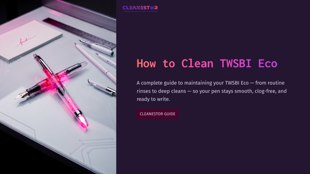 1 How To Clean Twsbi Eco A Vibrant Pink Twsbi Eco Fountain Pen Rests On A Sleek, Gray Surface, Accompanied By Other Writing Tools And A Notepad.