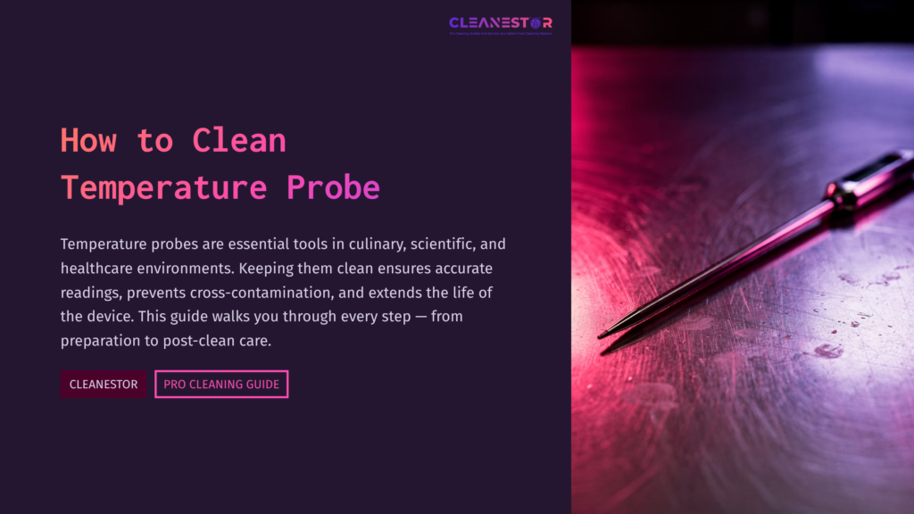 A Stainless Steel Temperature Probe Rests Against A Metal Surface, Illuminated By Soft Pink Light. Text Discusses Cleaning Methods.