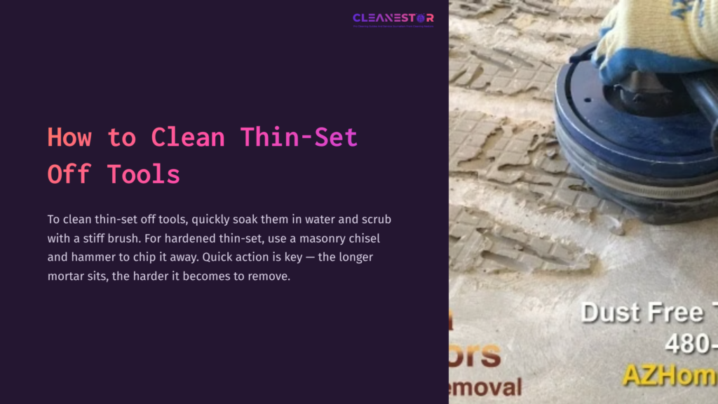 A Blue Bucket Filled With Water Sits Beside Scrapers And A Mason Chisel On A Textured Surface, Illustrating Tools For Cleaning Thin-Set.