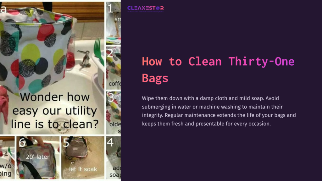 A Sink With Cleaning Supplies, Including A Spray Bottle And Cloth, Alongside A Thirty-One Bag, Demonstrating Cleaning Steps.