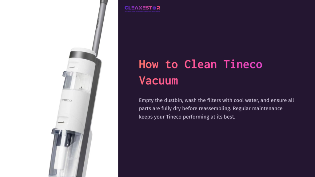 Tineco Vacuum Cleaner With A Transparent Dustbin, Set Against A Dark Purple Background, Along With Cleaning Instructions.