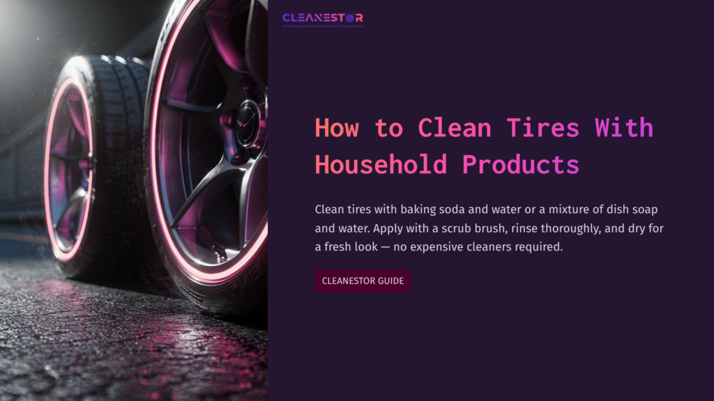 Close-Up Of Two Wet Tires With Shiny Rims, Showcasing The Cleaning Process. Background Features A Purple Gradient With Cleaning Tips.