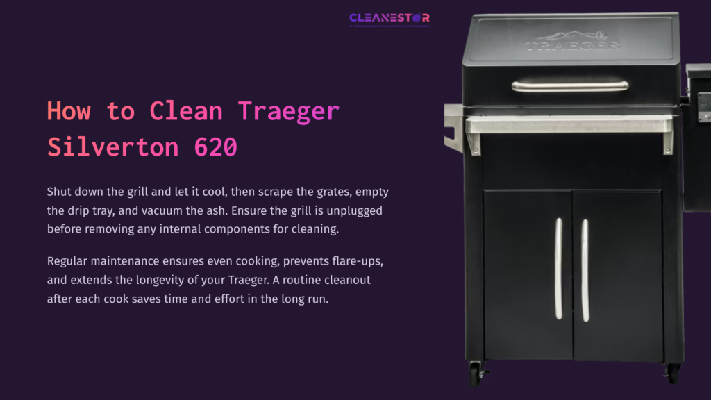 Black Traeger Silverton 620 Grill With A Stainless Steel Front, Displaying Grates And An Ash Tray, Set Against A Purple Background.