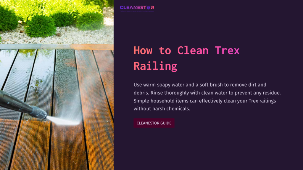 A Person Cleaning A Trex Railing With A Soft Brush And Soapy Water, Showcasing Wooden Decking And A Green Garden Background.