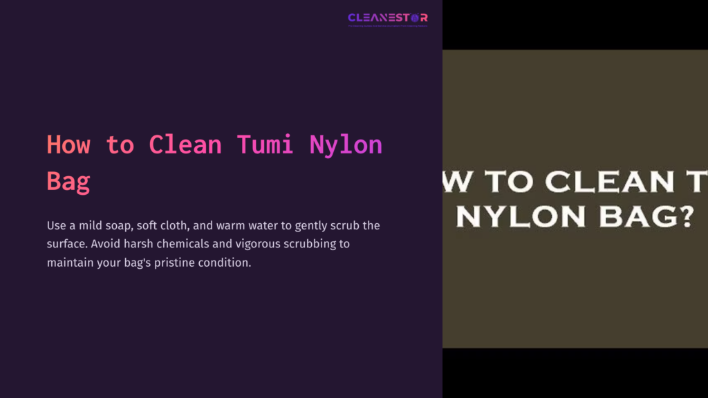Text On A Dark Background Explains Cleaning A Tumi Nylon Bag, Featuring A Beige Section With Bold White Text.