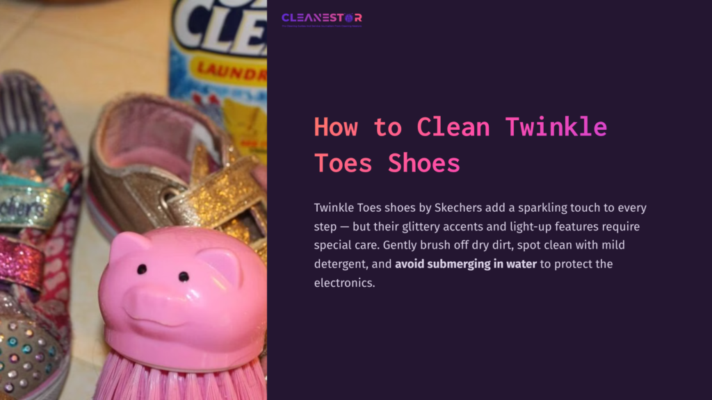 A Pair Of Glitzy Twinkle Toes Shoes, A Pink Pig-Shaped Toy, And Laundry Detergent, Set Against A Colorful Background.