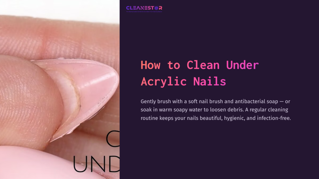 1 How To Clean Under Acrylic Nails Close-Up Of A Hand With A Pink Acrylic Nail, Demonstrating Cleaning Beneath It With A Soft Brush. Background Features A Gradient Of Purple.