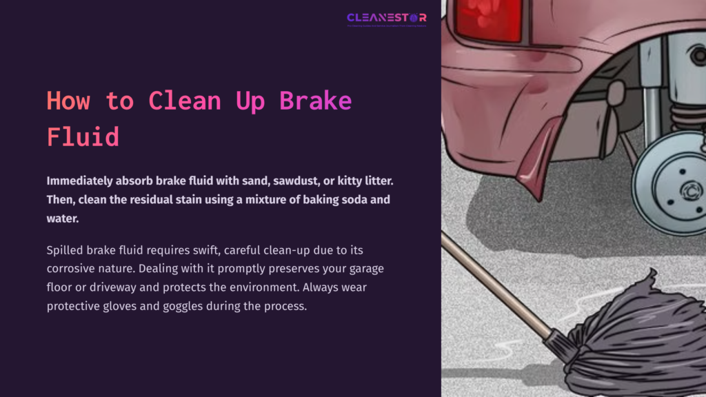 1 How To Clean Up Brake Fluid A Person Using A Broom To Clean Brake Fluid From A Garage Floor; The Scene Features A Red Vehicle And Safety Equipment Laid Out.
