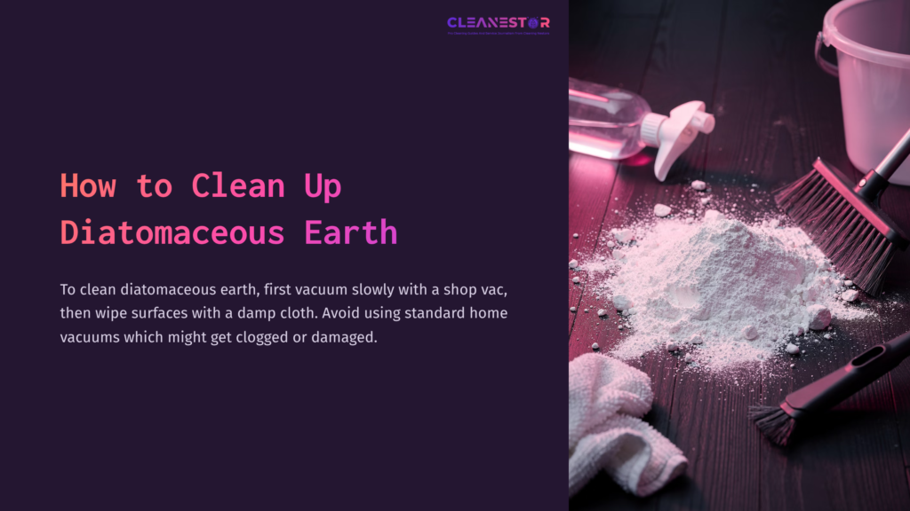 A Table With Spilled White Diatomaceous Earth, A Vacuum, Damp Cloth, And Gloves On A Dark Background, Emphasizing Cleanup Tools.