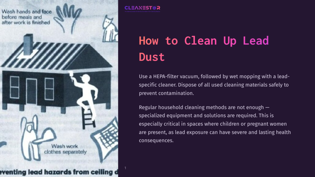 Illustration Of A House With A Person Cleaning The Ceiling, Ladder, And Vacuum, Emphasizing Safe Lead Dust Cleanup Methods.