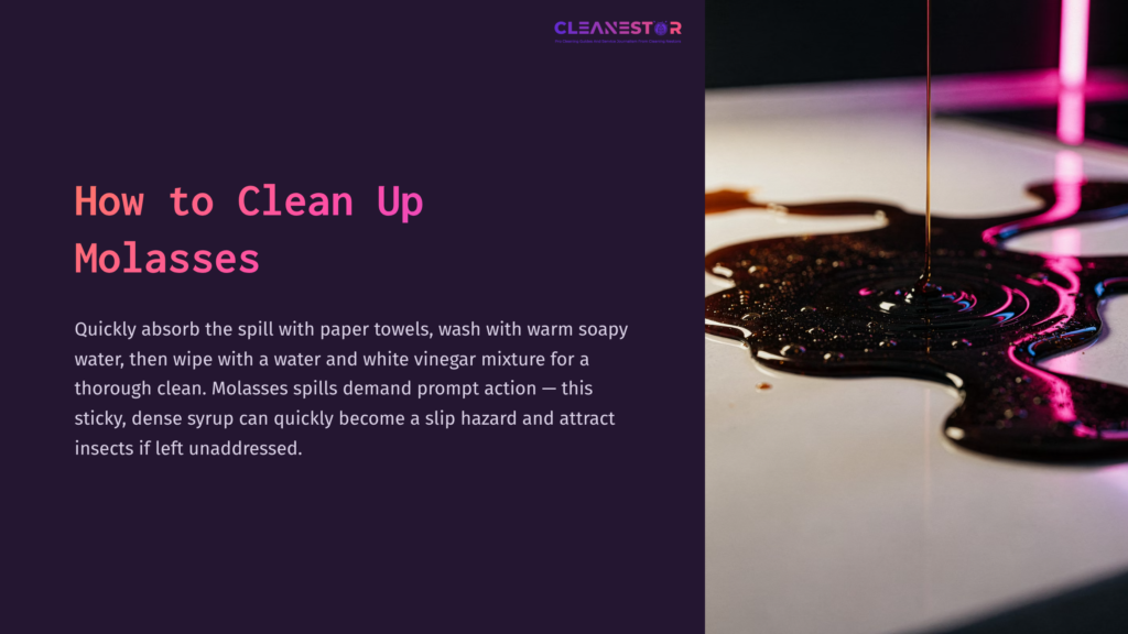Dark, Glossy Molasses Spills Across A White Surface, With A Drop Falling From Above, Set Against A Purple Background Featuring Cleaning Tips.