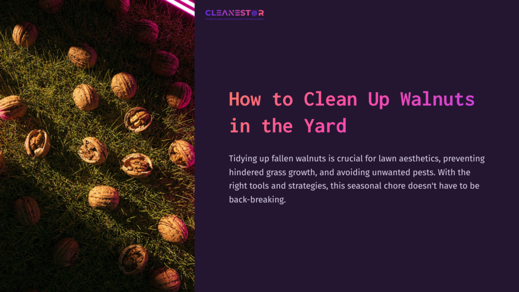 Scattered Walnuts On A Green Lawn, With A Dark Background And Neon Pink Accents, Emphasizing The Task Of Yard Cleanup.