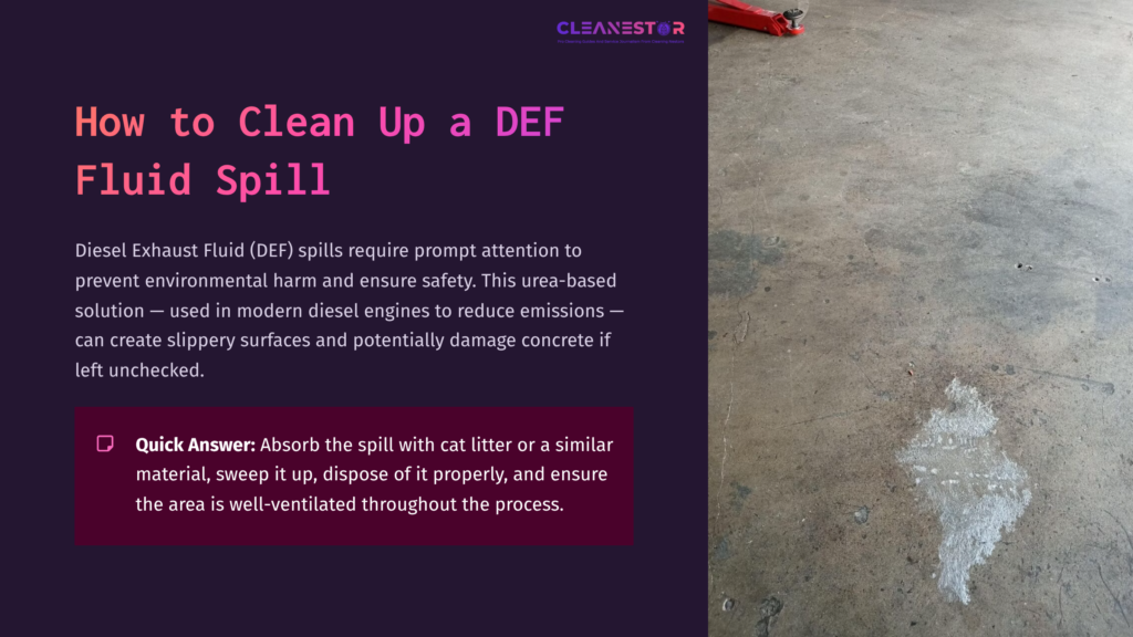 A Spilled Blue Liquid On A Gray Concrete Floor Beside A Red Jack. A Cat Litter Bag And A Broom Are Nearby For Cleanup.